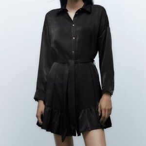 Zara Satin Effect Collared Long Sleeve Button Ruffle Mini Dress